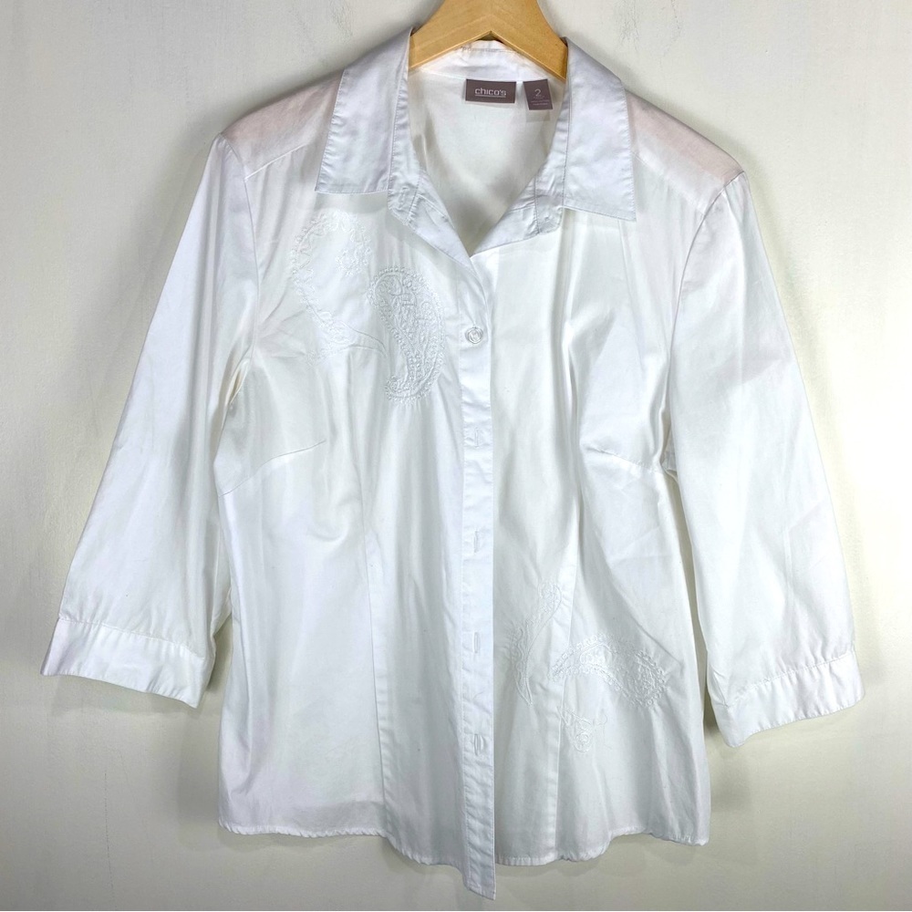 Chico's 100% Cotton Paisley Embroidered Button Up Down Shirt Top Blouse 2 Large